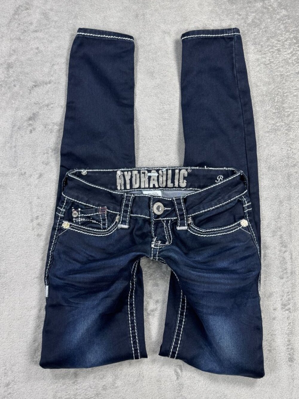 Hydraulic Y2K 2000s Ultra low Rise Skinny Jeans Size 0 Thick Stitch Rhinestones